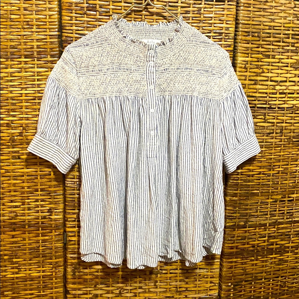 EUC AZOE White light blue striped half button up blouse top M